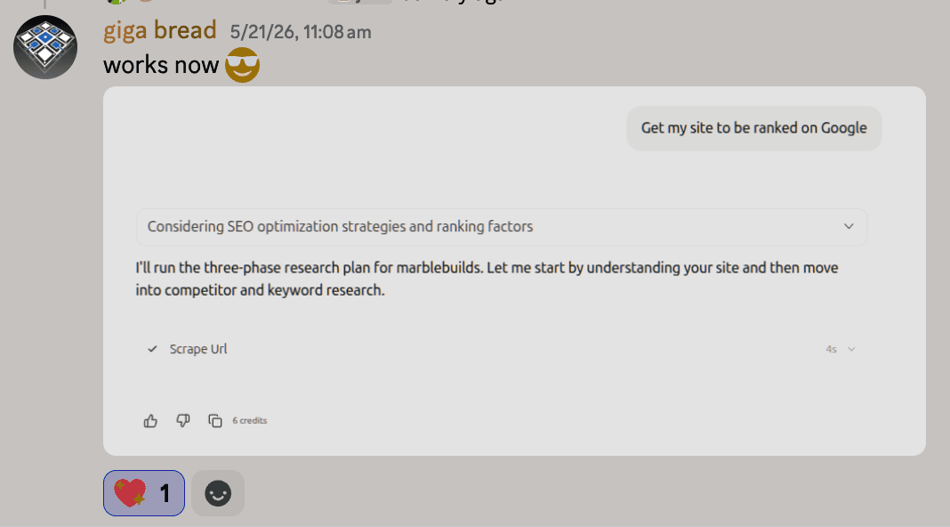 Discord message from giga bread: works now, with a Jam chat screenshot showing an SEO research plan being run for the marblebuilds site.